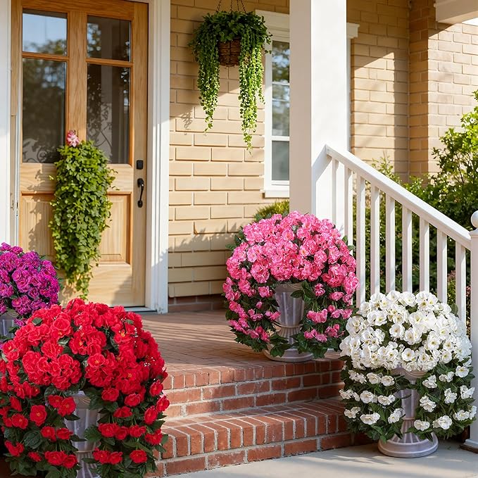 Artificial Fake Flowers Geraniums for Outdoors Spring Decor, 2 PCS Faux Hanging Plants Pink Outdoor Silk Flowers UV Resistant Realistic Trailing Vines for Outside Planters Porch Patio Garden Balcony
