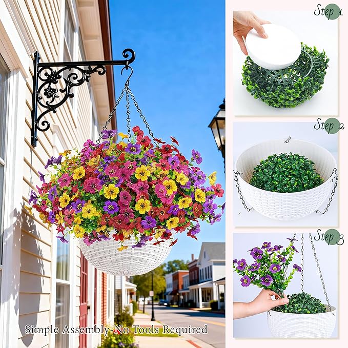 Der Rose 2 Pack Artificial Hanging Flowers Basket for Faux Plants Outdoor Spring Summer Decoration UV Resistant Fake Flowers for Patio Balcony Farmhouse Decor