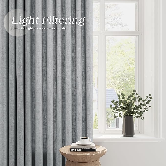 Light Grey Linen Curtains 90 Inches Long for Living Room 2 Panels Sets Grommet Semi Sheer Light Filterinig Bedroom Window Panels Neutral Tone Modern Minimalist Room Decor Privacy Curtain Drapes 52x90