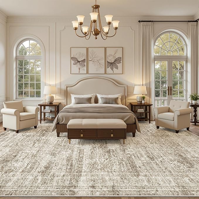 Soalmost 10x14 Area Rugs for Living Room, Non Slip Machine Washable Vintage Rugs, Low Pile Lightweight Large Rug for Bedroom, Dining Room, Home Office Brown