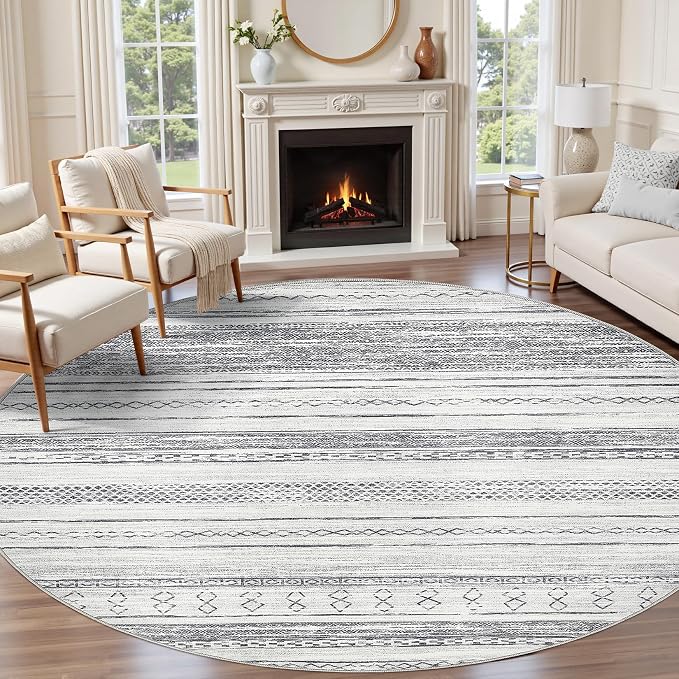 Tortania 6' Round Area Rug Living Room Rugs - Washable Large Soft Neutral Boho Moroccan Bohemian Farmhouse Rug Indoor Floor Carpet for Bedroom Under Dining Table Home Office Decor - Grey