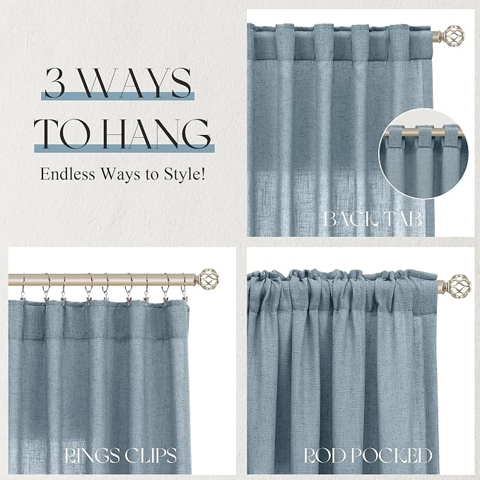 Jowels Blue Linen Curtains 84 Inch Long 2 Panels for Living Room | Light Filtering Semi Sheer Curtain, Back Tab Pocket Pleated Look, Boho Farmhouse Textured Privacy Drapes for Bedroom Window