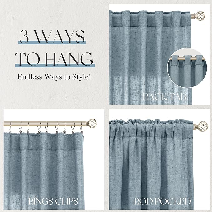 Jowels Blue Linen Curtains 108 Inch Long 2 Panels for Living Room | Light Filtering Semi Sheer Curtain, Back Tab Pocket Pleated Look, Boho Farmhouse Textured Privacy Drapes for Bedroom Window