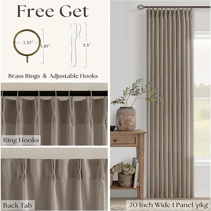 Linen Sheer Pleated Curtains 120 Inches Long Patio Sliding Door Curtains 70 Inch Width Light Filtering Semi Sheer Curtain Drapes Taupe Farmhouse Extra Wide 70x120 Curtain Panels for Living Room