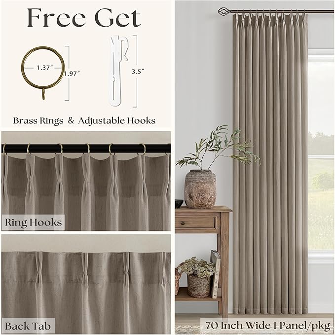 Taupe Patio Sliding Door Curtains 70 Width 108 Inches Long Pinch Pleated Curtain Drape with Hooks Rings Light Filtering Semi Sheer Farmhouse Extra Wide 70x108 Curtain Panel for Living Dining Room