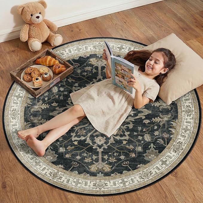 RELEANY Area Rugs Round 4ft Washable Non-Slip, Floral Vintage Distress Print Pattern Medallion Carpet for Living Room Bedroom Dining Room, Vintage Black Brown Neutral
