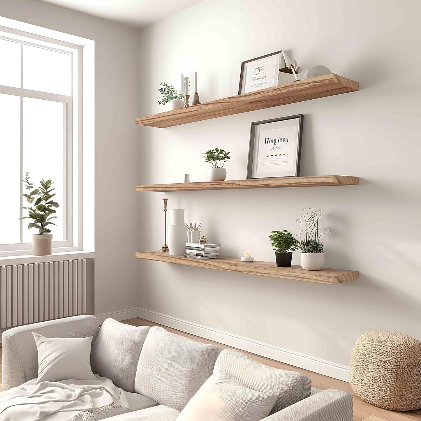 Wood Floating Shelves for Wall Decor, Rustic Wall Shelves for Bedroom Bathroom Kitchen Living Room, Set of 4 Light Walnut 48 Inch