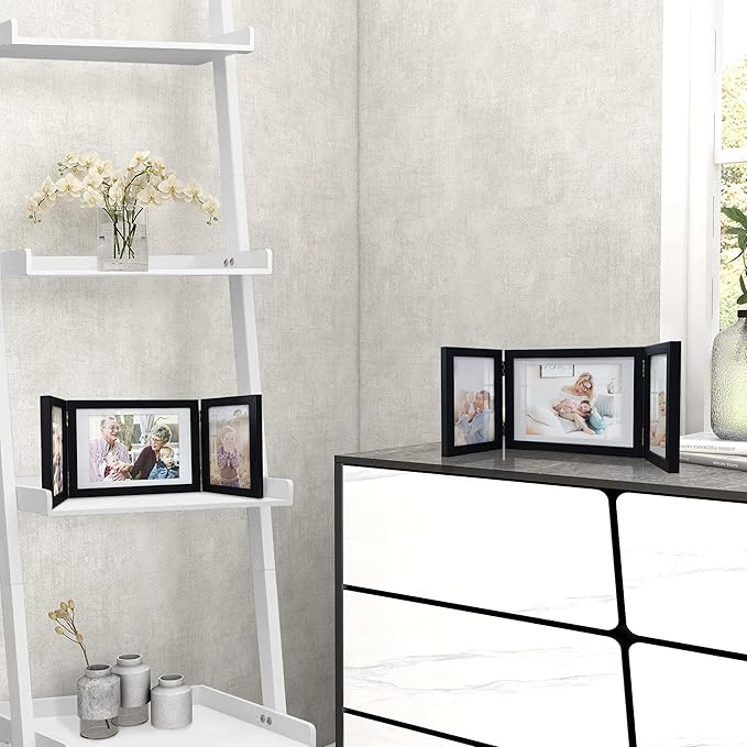 Afuly 5x7 Picture Frame Black 4x6 3 Picture Frames Collage Hinged Folding Triple Photo Frames Home Decor for Wall Desktop Christmas Wedding Birthday Gifts for Women Mom Grandma Family, 2*4x6+1*5x7