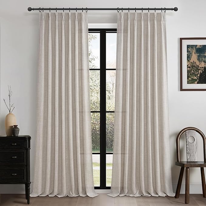 Pleated Extra Long Light Filtering 132 Inch High Curtains for Sliding Glass Door, Greyish Brown Memory Trained Linen Semi Sheer Floor to Ceiling Window Drapes 11 FT Length Luxury Curtain 2 Panel Set