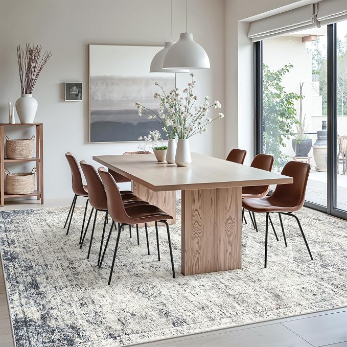 Soalmost Area Rug 10x12 Vintage Washable Living Room Large Carpet Non Slip Bedroom Indoor Office Dining Room Low Pile Thin Rug Blue Ivory