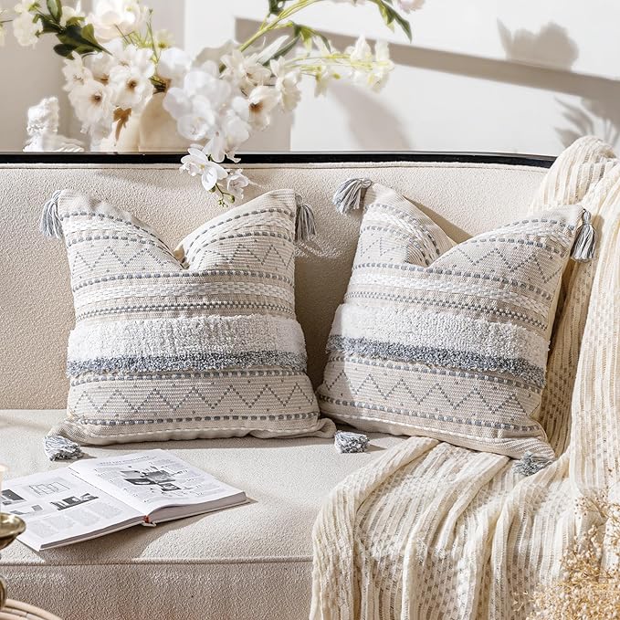 BlissBlush Gray Decorative Throw Pillow Covers 18X18 Combo Set of 2 Square Boho Neutral Grey Accent Pillowcase Tassels Farmhouse Cushion for Couch Sofa Bedroom Living Room Home Décor Cover ONLY