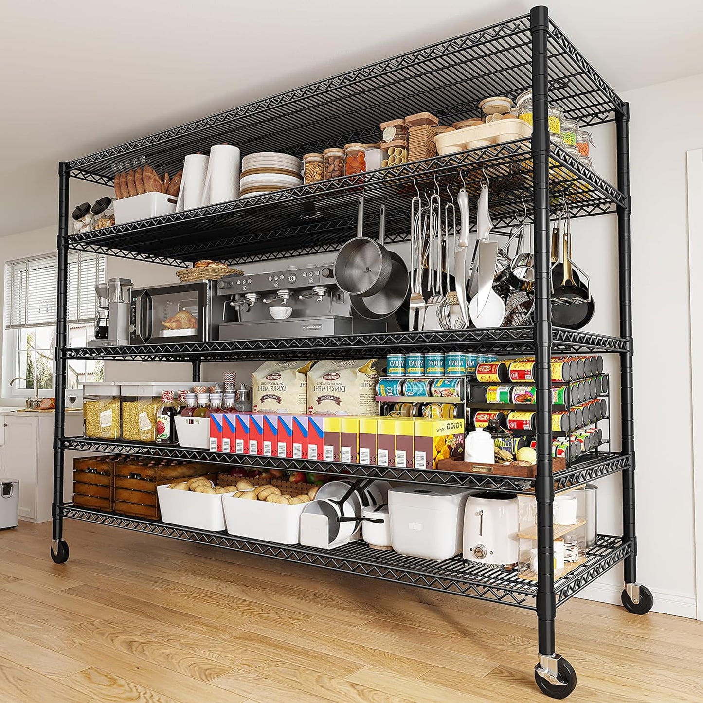 REIBII 85.7"H Storage Shelves 2998LBS Metal Shelving Units with Wheels&Feet, 5 Tier Garage Shelving Heavy Duty Adjustable Wire Shelf for Pantry Garage Commercial Industrials, 85.7"H X 55.5"W X 24.2"D