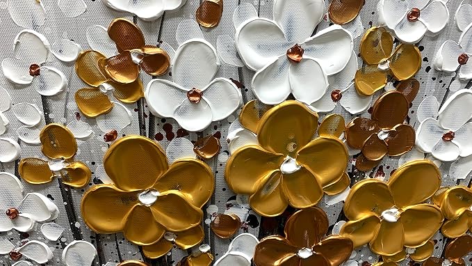 Yika Art Paintings - 24X48 Inch 3D Golden Silver Flower Tree Wall Art Abstract Textured Knife Platte Acrylic Painting on Canvas 3D Flowers Tree Paintings Ready to hang