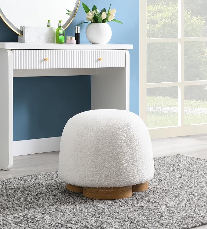 GDFStudio 20" Round Teddy Fabric Ottoman Stool, Upholstered Footrest with Foam Seat, Modern Accent Ottoman, Entryway Bedroom Vanity Stool, Fully Assembled, Metal Trim Base, White