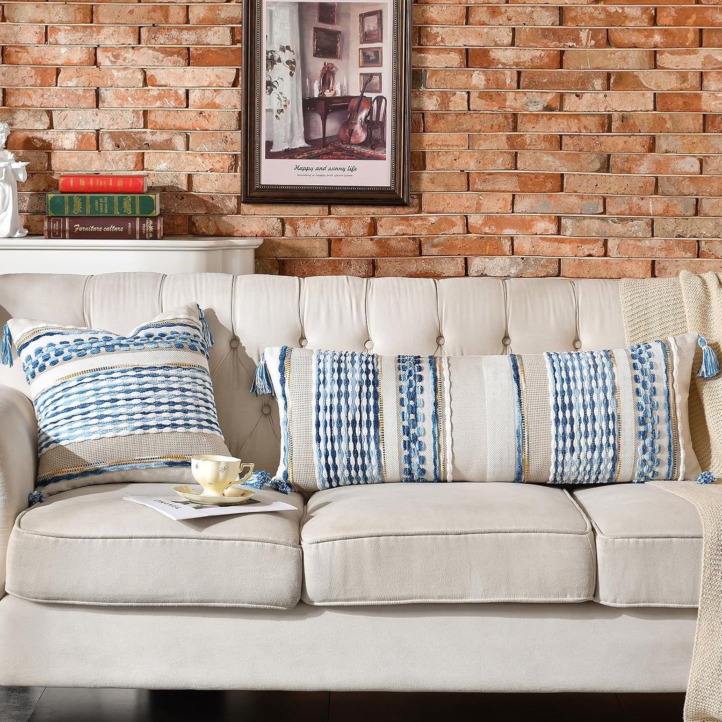 AmHoo Chenille Striped Textured Boho Throw Pillow Covers Aesthetic with Tassels Woven Decorative Pillow Case for Couch Bed Sofa Bedroom Modern Funky 18 x 18-Inch Sky Blue