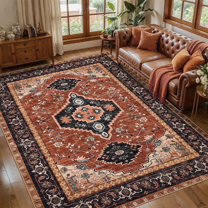 Tangsoo Orange Vintage 4X6 Washable Area Rug, Oriental Indoor for Living Room, Non Slip Machine Washable Large Tumble Rugs, Soft Print Carpet for Bedroom Dining Room Dorm Office Home Decor