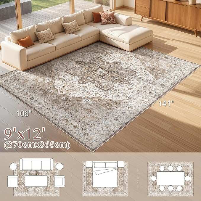 Tortania Area Rug Living Room Rugs - 9x12 Washable Boho Rug Vintage Oriental Distressed Farmhouse Large Thin Indoor Carpet for Living Room Bedroom Under Dining Table Home Office - Brown