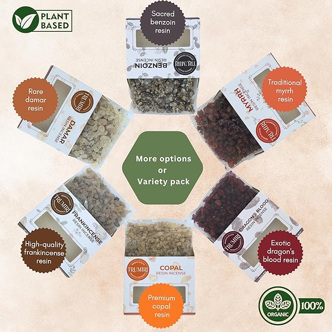Resin Incense - Natural Tree Gum Sap - 6x30g Variety Pack Including Frankincense and Myrrh Copal Benzoin Dragon's Blood Damar