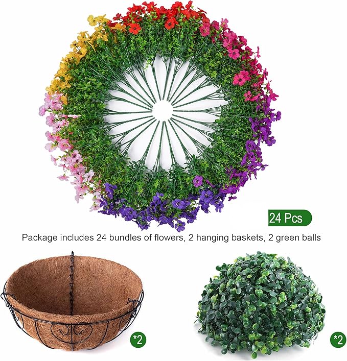 HyeFlora 2 Set Artificial Outdoor Flowers Hanging Basket, Faux Hanging Plants for Outside Spring Decoration, Fake Silk UV Resistant Look Real Daisy for Porch Patio Home Decor