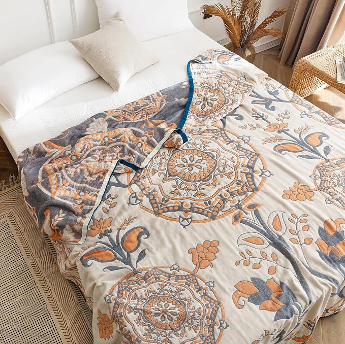 MEJU Round Flower Branch Boho Mandala Muslin All Season Throw Blanket for Bed Sofa Couch, 100% Cotton 4 Layer Soft Warm Farmhouse Retro Throw Blanket Bed Coverlet Full Queen 80 in x 90 in