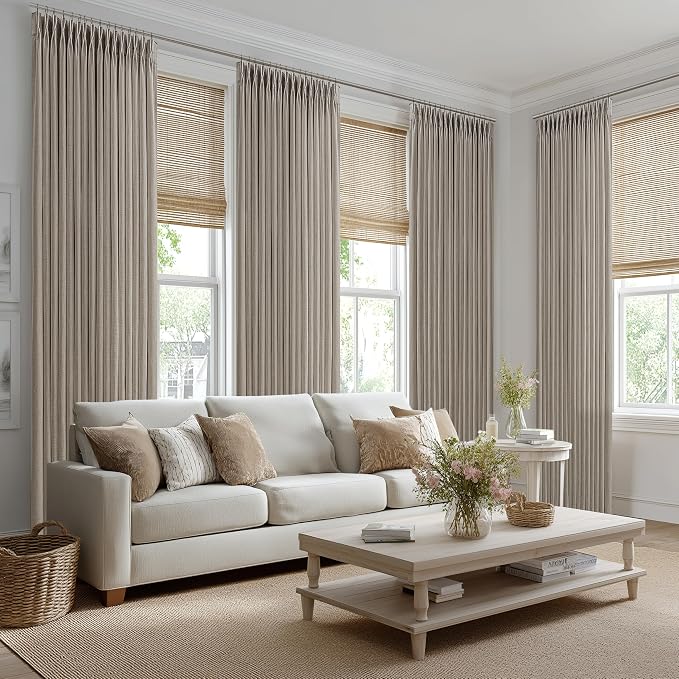 Burlywood Pinch Pleated Floor to Ceiling Long Curtains 105 Inch Length Taupe Linen Semi Sheer Curtains for Bedroom 2 Panels Set with Hooks Rings Light Filtering Neutral Farmhouse Drapes 50 Inch Wide