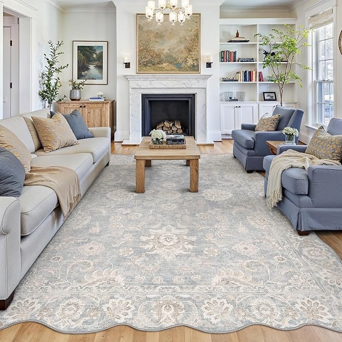 6x9 Blue Cream Washable Scalloped Area Rug for Living Room Bedroom Neutral Floral Soft Non Slip Rug Low Pile Distressed Carpet for Dining Room Nursery Office Indoor