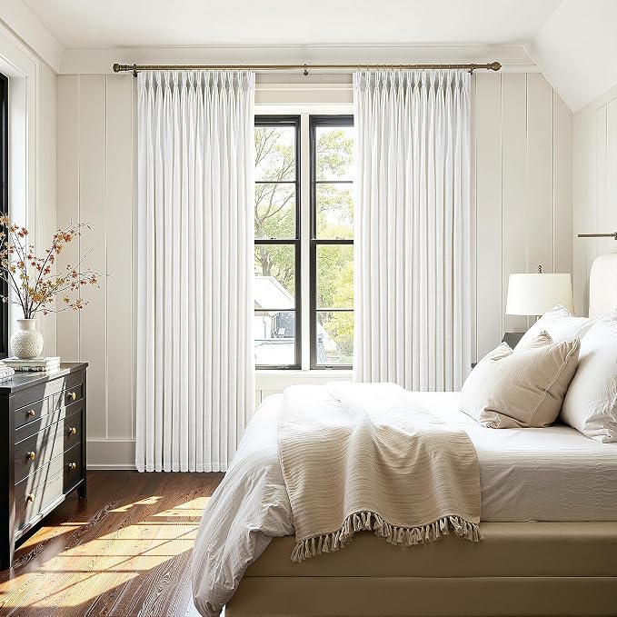 Pleated Linen Curtains 86 Inch Long for Living Room Natural Cream Birch Pinch Pleated Curtains Neutral Light Filtering Drapes 86 Inch Length for Sliding Glass Door Window Curtain with Ring Hooks Clips