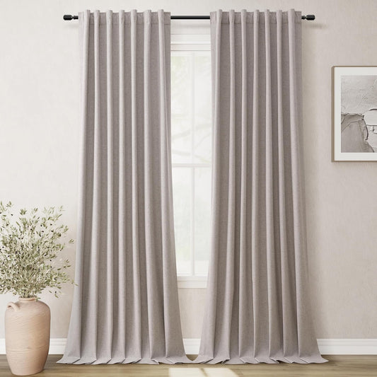 Brownish Grey Linen 100% Blackout Curtains for Bedroom 102 Inch Long 2 Panels Window Curtain Floor to Ceiling Length for Living Room Sliding Glass Door Back Tab Linen Room Darkening Drapes 52x102