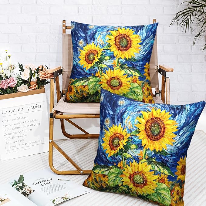 Sunflower Pillow Covers 20x20 Set of 2 Van Gogh Starry Night Throw Pillow Covers Oil Painting Sunflowers Pillow Case Spring Summer Cotton Linen Cushion Case for Sofa Garden Patio