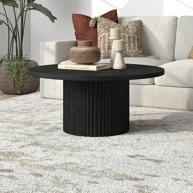 Henn&Hart 32" Fluted Round Wooden Pedestal Low-Profile Coffee Table with Ribbed Pedestal Base for Living Room, Family Room, Office, or Apartment, Natural Black