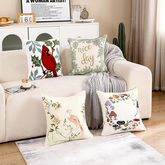 Mushroom Pillow Covers 18 x 18 Set of 2 Embroidered Throw Pillow Covers Mushrooms Decorative Pillowcases Farmhouse Cotton Pillow Cushion Cases Spring Summer Home Decor Square Floral Pillow Case