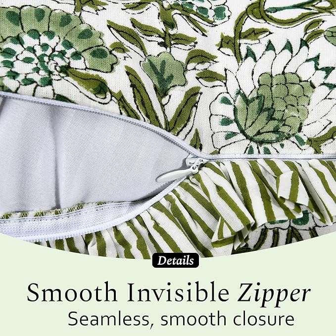 CPC Block Print Ruffle Throw Cover Agate Green 24"x24" Inch Pack of 2-100% Cotton Ruffle Couch Decorative Boho Pillows Case for Living Room, Bedroom, Sofa, Farmhouse Gift for Spring, Mother's Day