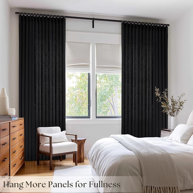 Black Semi Sheer Pinch Pleated Flax Linen Curtains 108 Inch for Living Room | Light Filtering Privacy, Bedroom Office, Faux Textured, Hook Rings Memory Shape Pinch Pleat, Elegant Luxury Contemporary