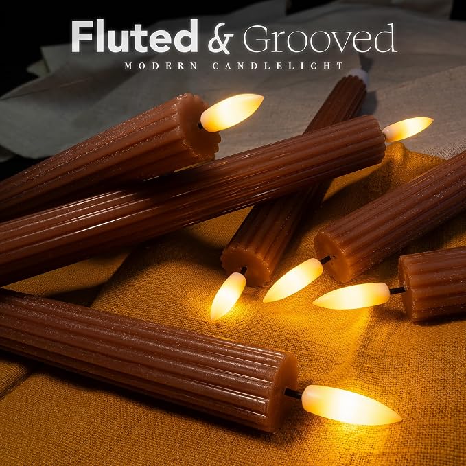 12 Pack, 10" LED Flameless Brown Tan Fluted Ribbed Grooved Taper Candles w/ 2 Remotes & 24h Timer Memory, On/Off Button, Dimmable, Flicker Mode, Battery Operated, Christmas Menorah Wedding