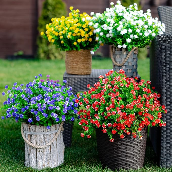 AXYLEX Artificial Flowers for Outdoors Fake Plants - 12 Bundles Faux Outside Greenery Boxwood No Fade Plastic Shrubs Fall Decor Farmhouse Home Garden (Purple)