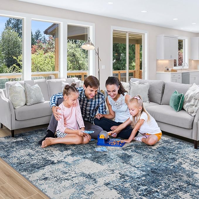 8x10 Area Rug for Living Room Bedroom: Large Washable Rug with Anti-Slip Backing Non-Shedding Stain-Resistant Soft Abstract Carpet for Dining Room Nursery Home Office (Blue)