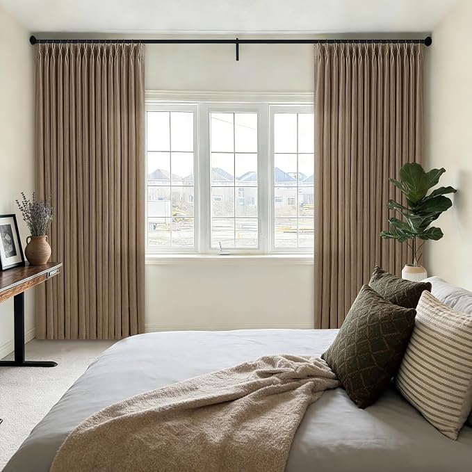 Pinch Pleated Thick Linen Curtains 105 Inches Long 2 Panels Set Dutch Cocoa Brown Farmhouse Country Light Filtering Drapes with Hooks Rings Back Tab Window Curtain for Living Room Bedroom Sliding Door