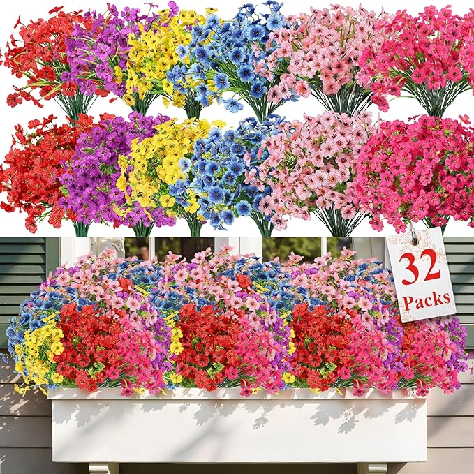 Alupssuc 32 Bundles Artificial Flowers for Outdoors Decoration, UV Resistant Silk Faux Floral Spring Fake Plastic Plants Greenery for Outside Indoor Home Garden Porch Window Box Decor, Mix 6 Colors