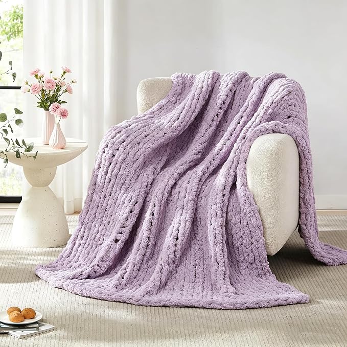 Soft Chunky Knit Throw Blanket for Couch, Cozy Warm Knitted Blankets | Hand Knit with Jumbo Chenille, Lightweight Warm Fluffy Decor for Women, Mom, Her & Girls, Sofa, Chair, Bed, 40"×40"(Purple)