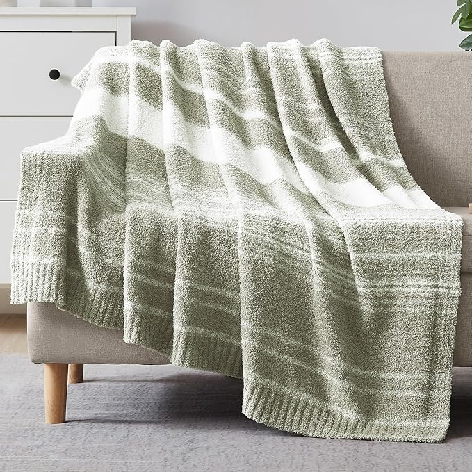 WRENSONGE Soft Throw Blanket for Couch-Cozy Reversible Knitted Blankets | Lightweight Warm Fluffy Decor for Women, Mom, Her & Girls, Sofa, Chair, Bed, 50x70in, Sage Green Stripe