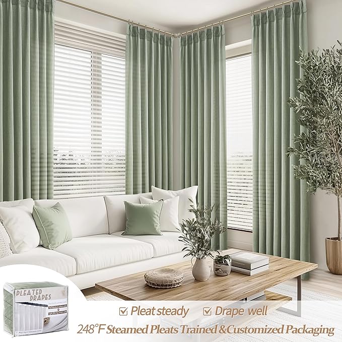 PleatedDrapes Sage Green Farmhouse Curtains for Living Room 96 Inches Long 2 Panels Set, Pinch Pleat Linen Sheer Curtain Light Filtering Privacy for 96 Inch Length Large Window Drape(Hooks & Back Tab)