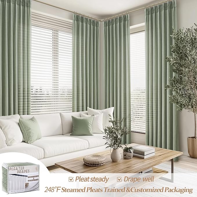 Sage Green Light Filtering Viral Sheer Curtains 90 Inches Long for Bedroom 2 Panels Set, Modern Pinch Pleated Flax Linen Window Drapes with Hooks Rings Ceiling Track 40 x 90 Inch Dining Room Curtain