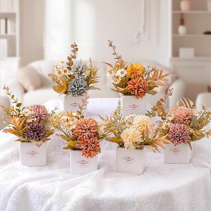 6PCS Artificial Fall Flowers with Ceramic Vases – Multicolor Small Fake Chrysanthemums & Daisies with Pot for Autumn Home Decor – Table Centerpieces for Kitchen, Mantel, Entryway or Tiered Tray