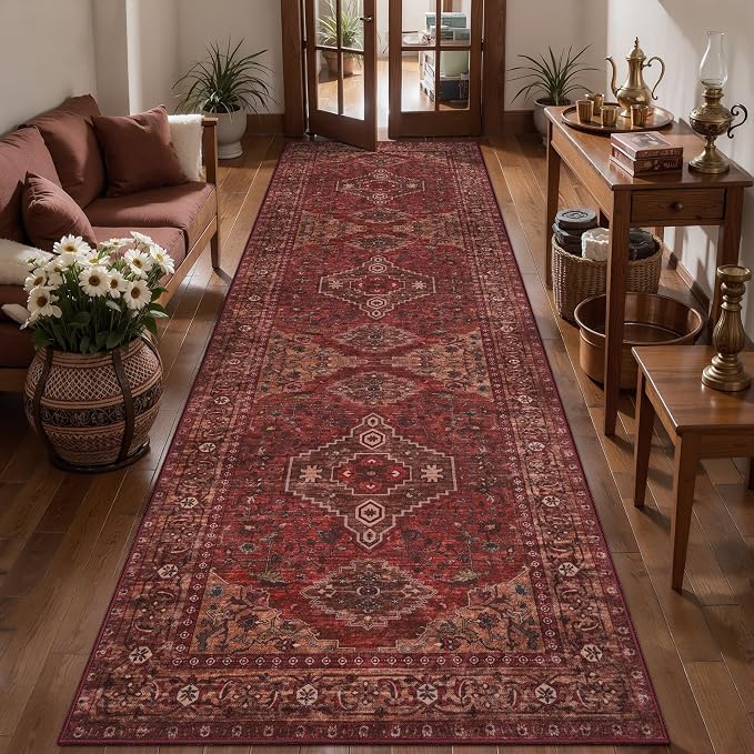 Tangsoo Red 3x8 Washable Runner Rug for Hallways, Non Slip Vintage Runner Rug, Oriental Soft Low Pile Long Rug Runner, Print Carpet Runners for Kitchen Bedroom Entryway Bedside Bathroom Living Room