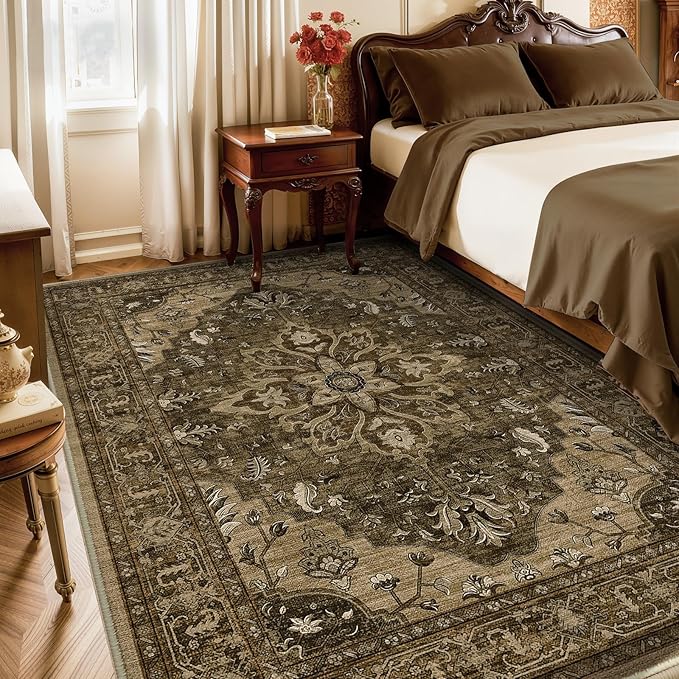 RELEANY Area Rugs 5'x7' Washable Non-Slip, Floral Vintage Distress Print Pattern Medallion Carpet for Living Room Bedroom Dining Room, Brown Dark Brown