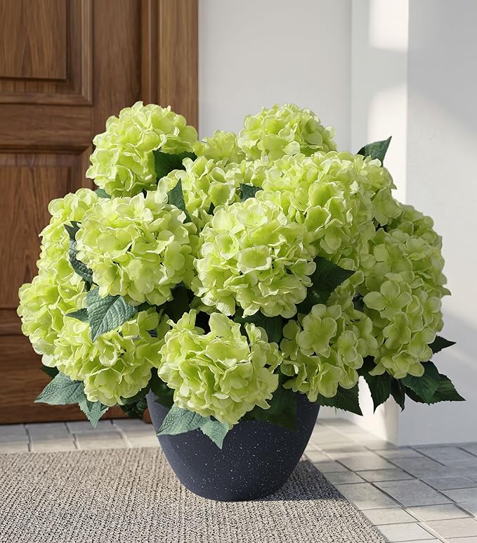 Ivydale Artificial Flowers for Outdoors, 4 PCS Green Fake Silk Hydrangea Flower Stems for Bouquets UV Resistant Realistic Faux Plants Home Outdoor Wedding Party Centerpieces Decor