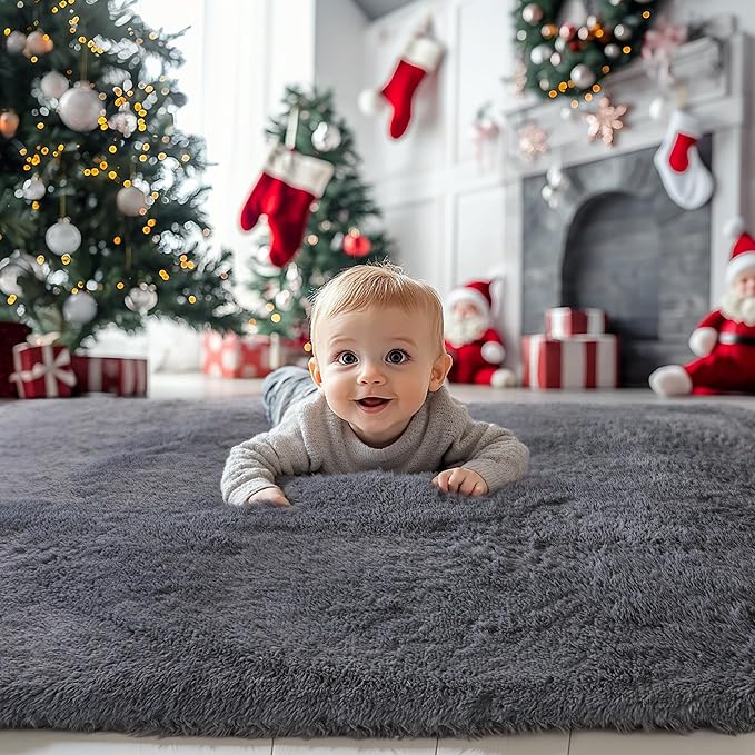 KICHOWUA 6x9 Grey Fluffy Shag Rug for Bedroom Soft Plush Fuzzy Washable Carpet for Living Room, Modern Comfy Shaggy Non Slip Floor Large Area Rugs for Kids Baby Nursery College Dorm Room, Gray