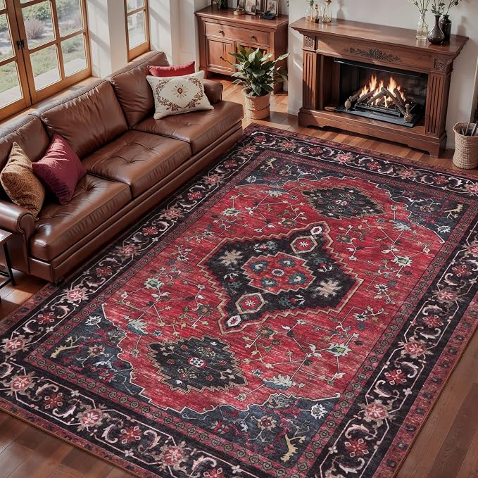 Tangsoo Red 3x5 Area Rugs, Oriental Washable Rug Non Slip Indoor Accent Rug, Vintage Print Carpet, Soft Low Pile Throw Rugs for Living Room Dining Bedroom Bedside Entryway Red/Black
