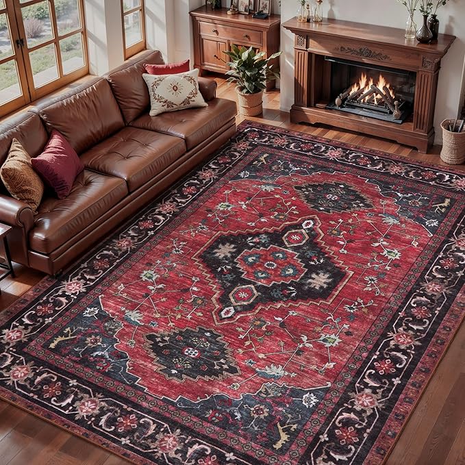 Tangsoo 4x6 Washable Area Rug, Oriental Rug Indoor for Living Room, Boho Non Slip Machine Washable Large Rugs, Vintage Soft Low Pile Foldable Carpet for Bedroom Dining Room Dorm Office Red/Black