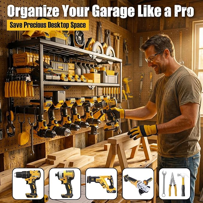 Heavy Duty Power Tool Organizer for Wall Mount Garage Storage – 320 lbs Capacity, 3-Tier Iron Wire Rack with 8 Drill Slots, Shelf for Battery Charging Station – Gift for Dad Handyman